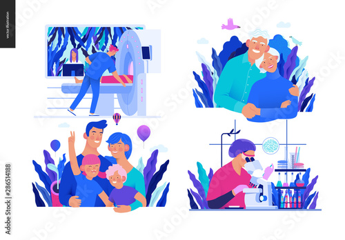 Set of medical insurance - MRT - magnetic resonance tomography, chemical laboratory analysis, family health and wellness, senior citizen health plan - modern flat vector concept digital illustrations