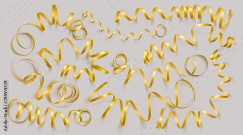 Set of realistic gold ribbons on grey background. Vector illustration. Can be used for greeting card, holidays, banners, gifts and etc.