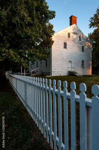 Historic Building and White Picket Fence - Shaker Village of Pleasant Hill - Bluegrass Region of Kentucky