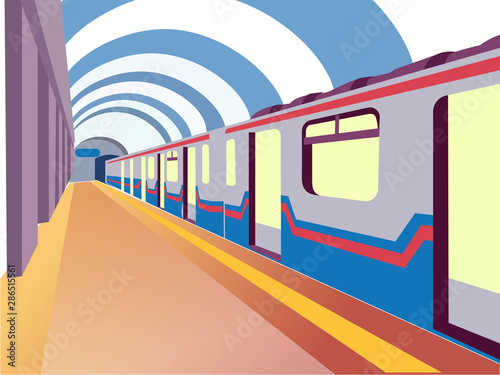 Underground. The train car is at the station. In minimalist style. Cartoon flat vector