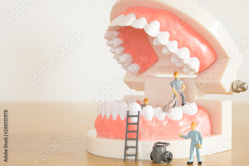 Miniature worker model cleaning teeth for dental clinic, good health care demonstrate how to clean, fix, taking care of teeth