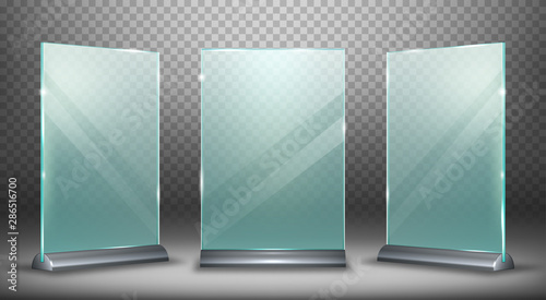 Acrylic display desktop or floor, glass plate with metal holder realistic vector illustration isolated on transparent background, front side view. Empty menu frame or ads with highlights and shadow.