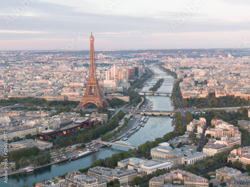 Aerial of the iconic Eiffel Tower in Paris, France © SmallWorldProduction
