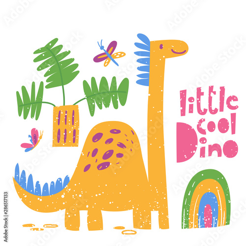 Kids style poster with cute Dinosaur brontosaurus and lettering.