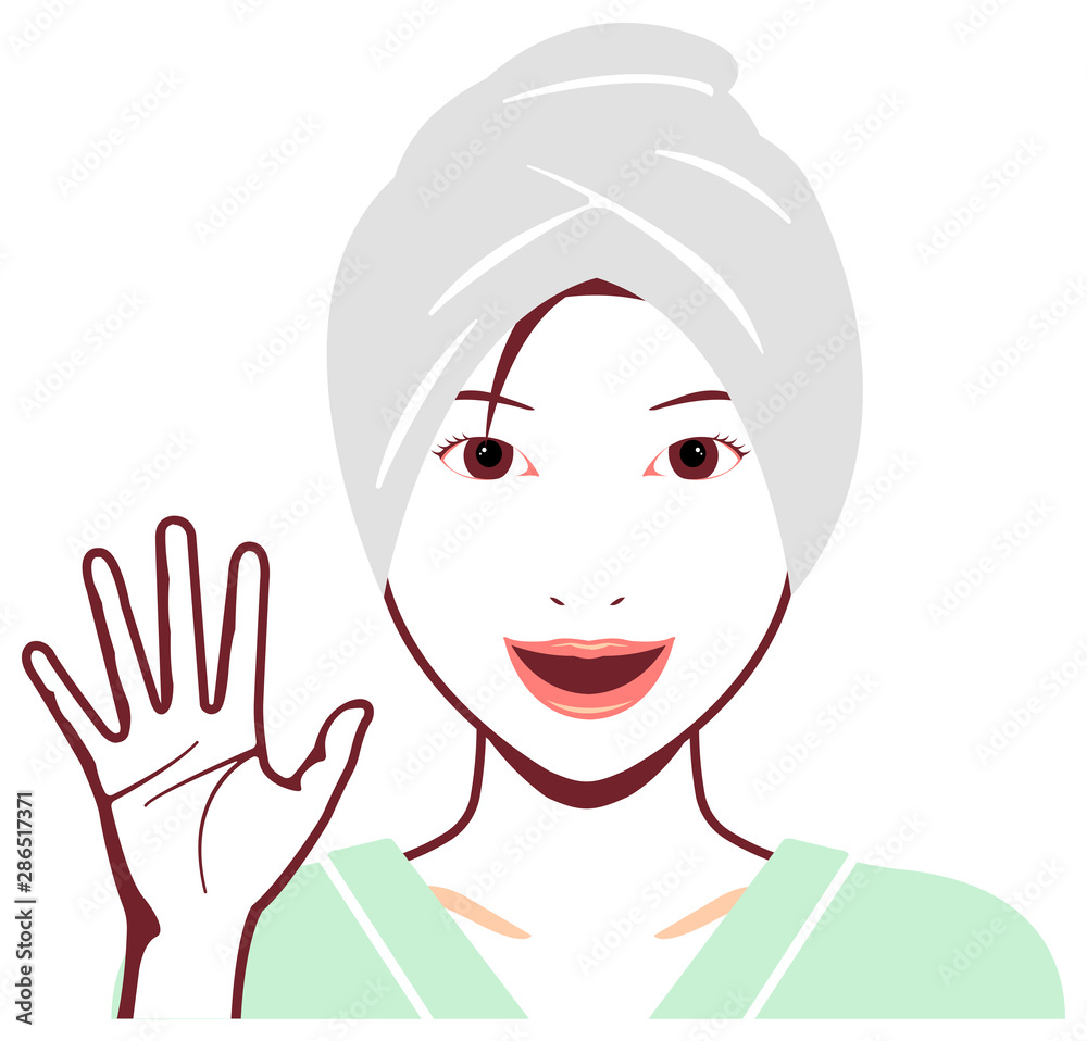 Young asian woman face vector illustration (just out of the bath) /open hand with smiling 