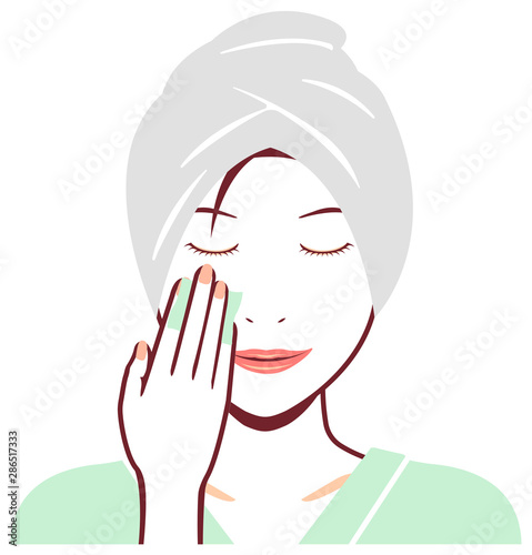 Young asian woman face vector illustration (just out of the bath) / cotton, makeup removal 