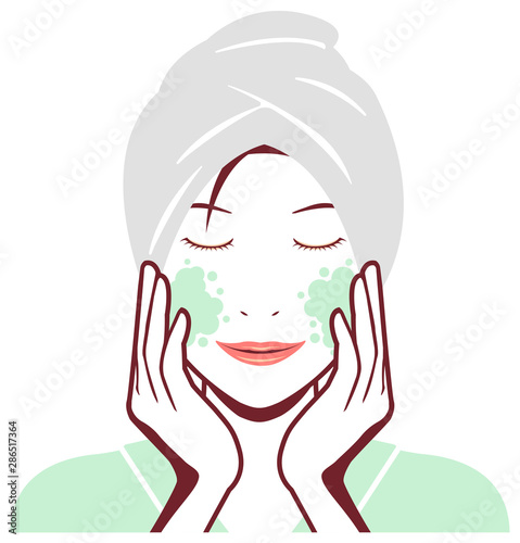 Young asian woman face vector illustration (just out of the bath) / cleansing, makeup removal 