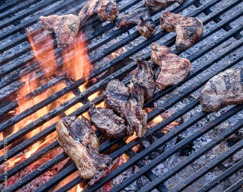 Cooking grilled meat pieces outdoors