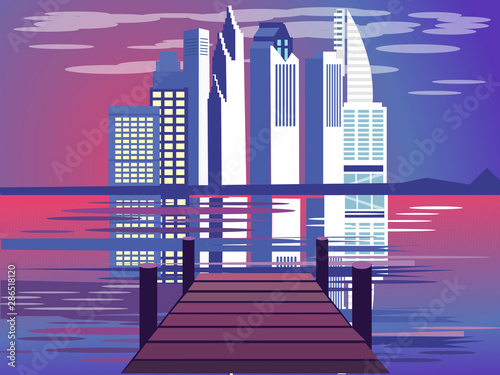 Marina with a view of the city, civilization. In minimalist style. Cartoon flat vector