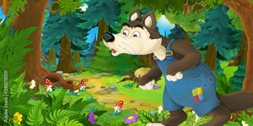 Cartoon fairy tale scene with wolf on the meadow in the forest - illustration for children