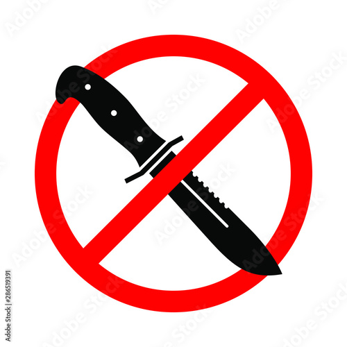 Cold weapons are prohibited icon. Knives are banned. Knife in the red prohibition sign. Isolated icon on white background. Vector illustration