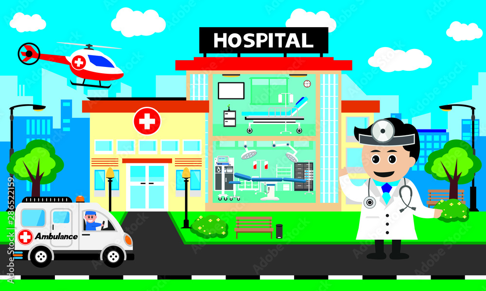 Patient care concept. Vector of doctor team standing on a hospital building, ambulance car background