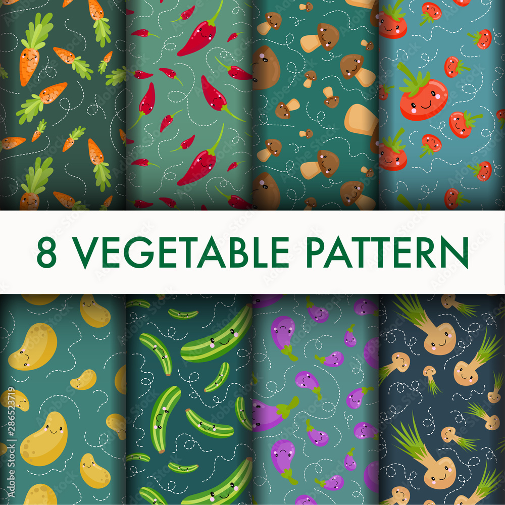 Fototapeta premium Vector seamless Vegetable pattern set.