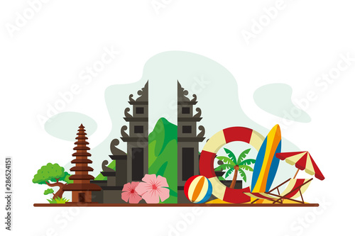 Bali Tropical Island Landmarks Travel Flat Concept Vector Illustration