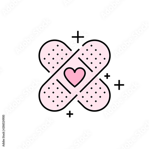 Band aid icon. Pink plaster symbol. Love bandage heart sign. Vector illustration line icon.