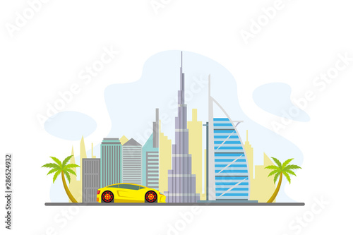 Dubai Famous Landmarks Travel Flat Concept Vector Illustration
