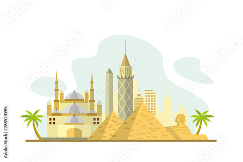 Egypt Famous Landmarks Travel Flat Concept Vector Illustration
