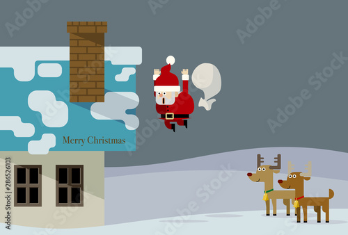 サンタが屋根から落ちているのをトナカイが見ているクリスマスカードデザイン