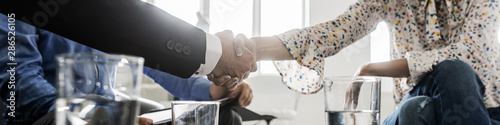 Business partners shaking hands in a meeting photo