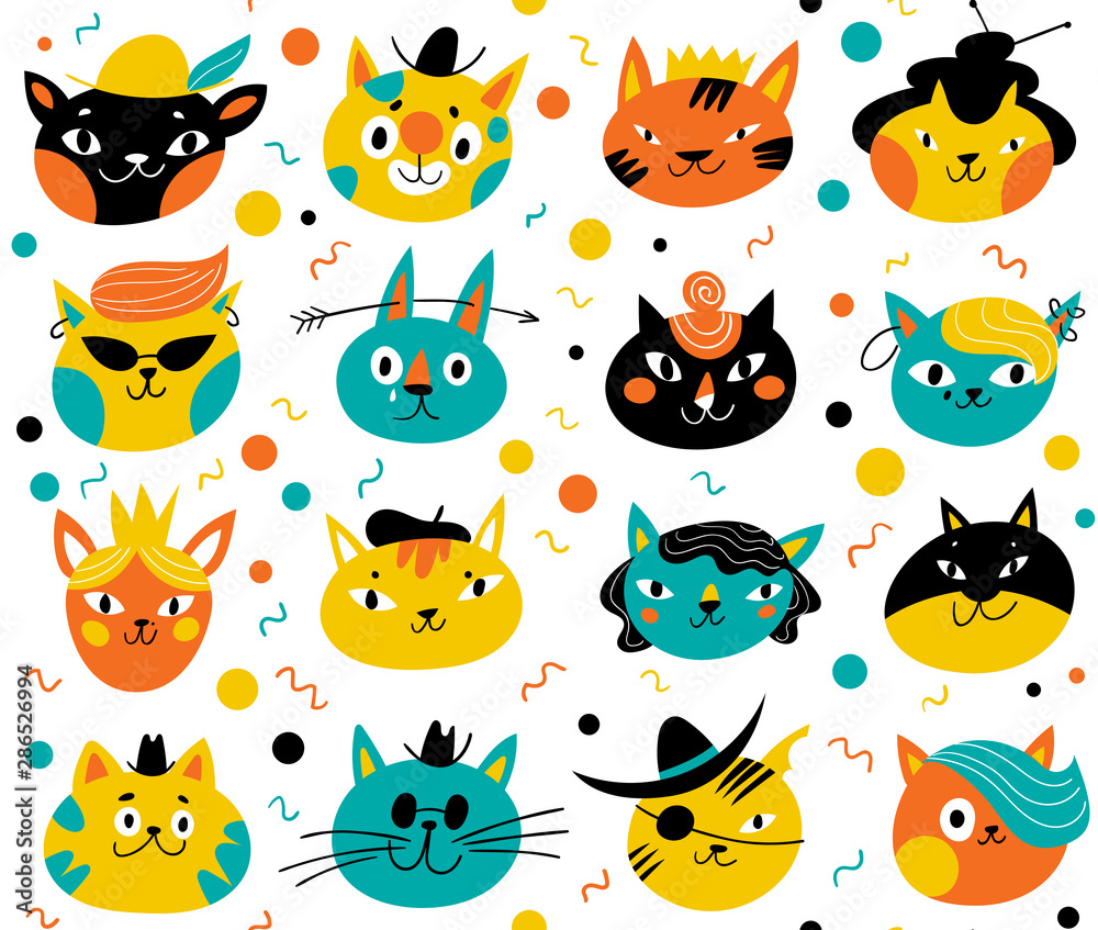 Vector seamless pattern for textile or wrapping paper with cute cats characters Vector seamless pattern for textile or wrapping paper with cute cats characters