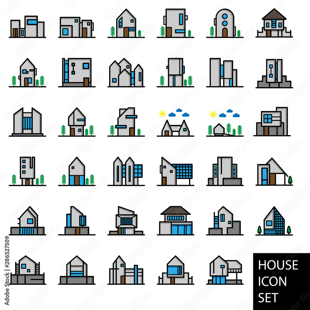 House icon set, house symbols collection, vector sketches, logo illustrations, rent signs