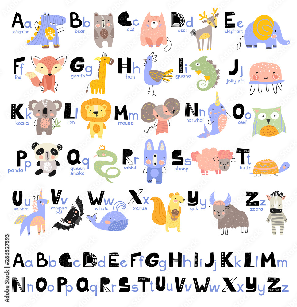 1Funny Alphabet for young children with names and pictures of animals  assigned to each letter. Learning English for kids concept with a font in  black letters in vector Stock Vector | Adobe