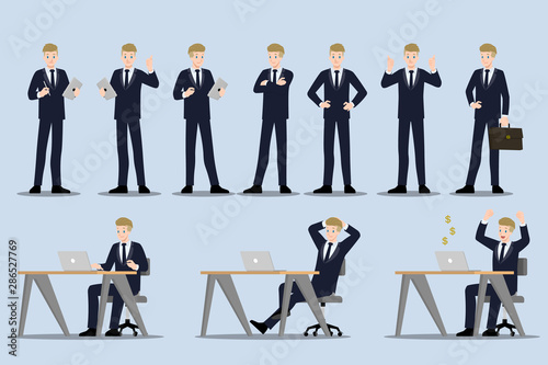 Flat design concept of Businessman with different poses, working and presenting process gestures, actions and poses. Vector cartoon character design set.