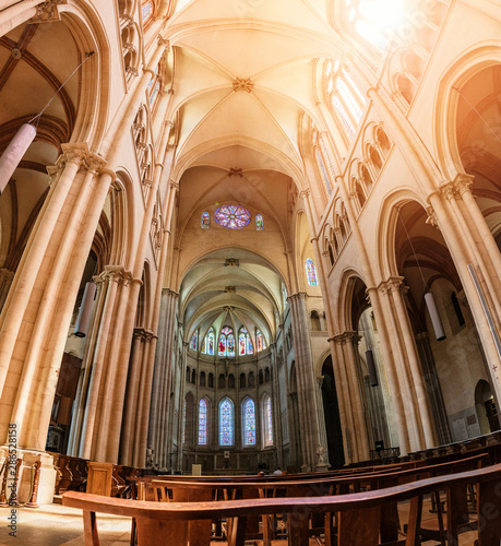 23 July 2019, Lyon, France: Panoramic view of the interior of the Baptist Cathedral of Lyon with sun flare through the window