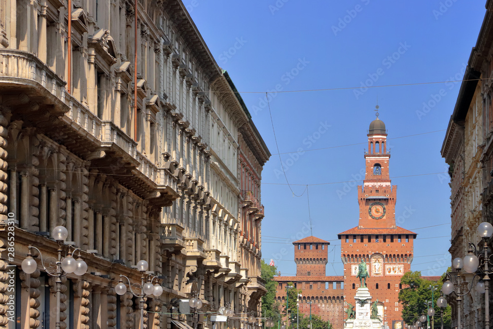 historical colored buildings in milan in italy 