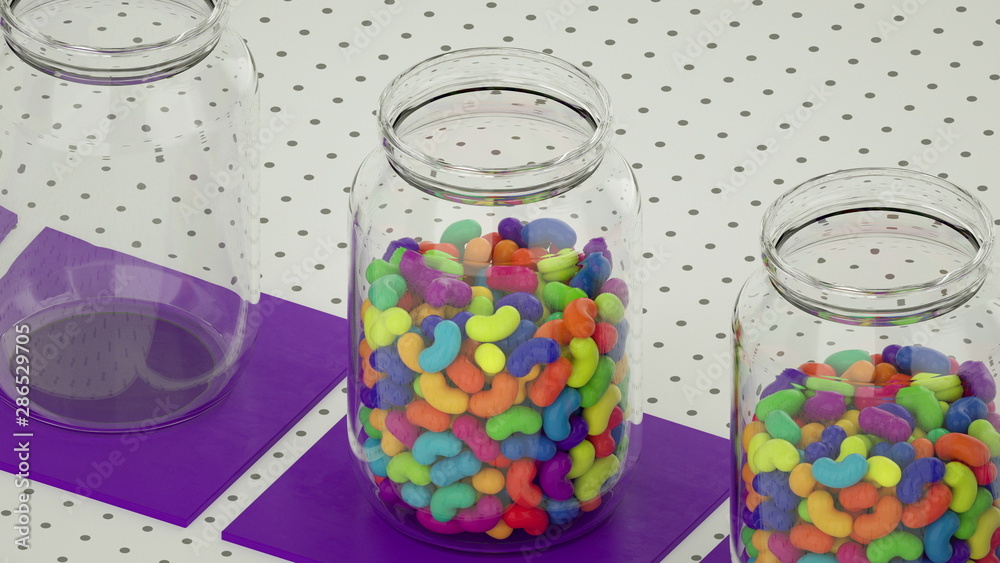 jelly beans factory pour bright colored candies into a jar on a