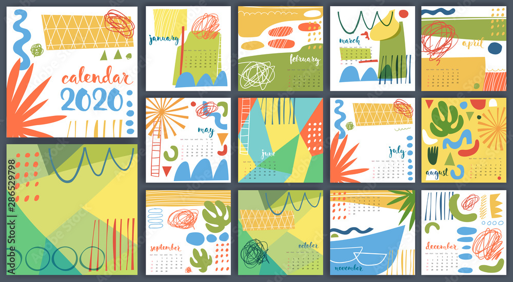 Hand drawn abstract vector 2020 calendar template multicolored.
