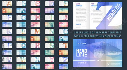 Vector modern tri-fold brochure design template set with colorful polygonal background and letter design element. Best corporate style layout
