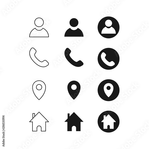 Set of contact detail icon isolated on white background in black. Phone, global, location icon. vector illustration for design element, infographics, business card design.