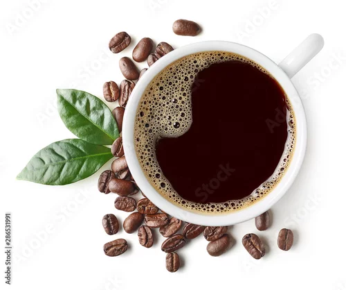 Obraz Cup of black coffee with beans and leaves