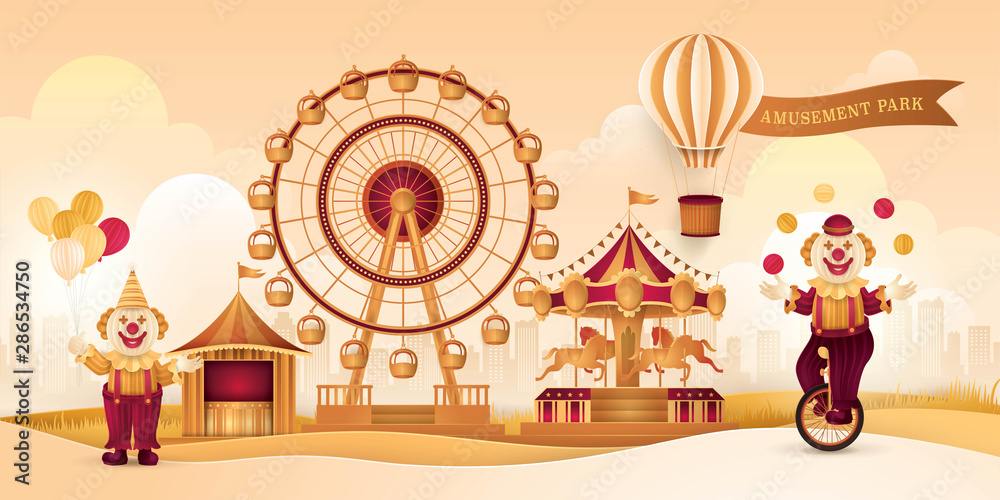 Amusement Park Landscape with Ferris wheel, Circus Tents, Carnival Fun Fair