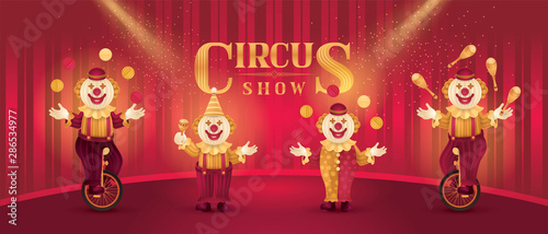 Circus Artists Actors show set, Funny Clowns Nose or Jester party circus Costume, Cartoon Clowns Characters, Clown Comedian juggling, Fun Fair, Carnival festival © Komate