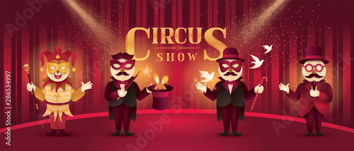 Circus Artists Actors show set, Magic show and magician trick with rabbit