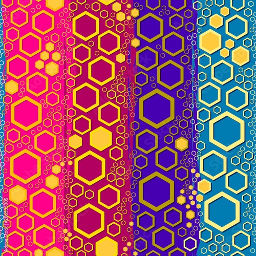A honeycomb-like hexagonal cells pattern on a bright background with contracting colorful textured stripes