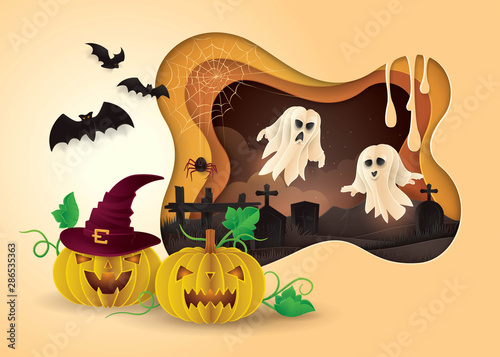 Happy Halloween Party Frame, Abstract Spooky background with graveyard,