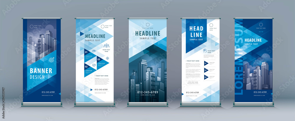 Business Roll Up Set. Standee Design. Banner Template, Abstract Geometric Triangle Background vecto - obrazy, fototapety, plakaty 