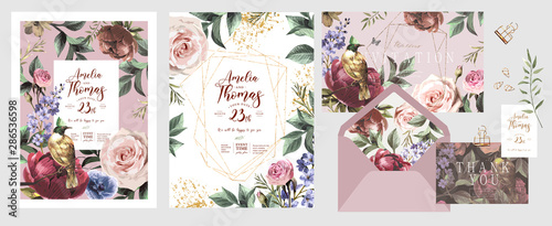 Wedding invitation, save the date or flyer\card for any event and party. Original floral greeting with flowers, plants, leaves and a bird of paradise of happiness