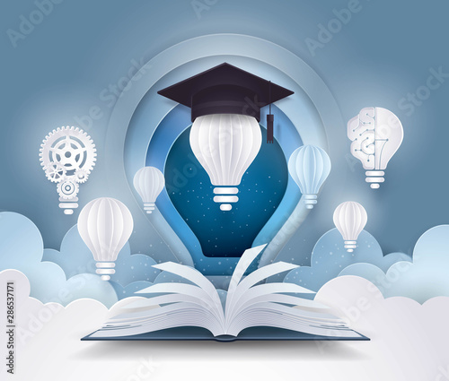 Open book with Light bulb and graduation cap, University Education concepts