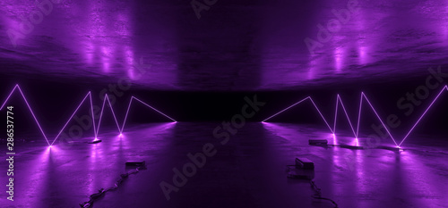Sci Fi Glowing Neon Lines Tube Lights Futuristic Violet Purple Vibrant Laser Beams Showroom Concrete Dark Empty Background Tunnel Corridor Hall Spaceship Virtual 3D Rendering