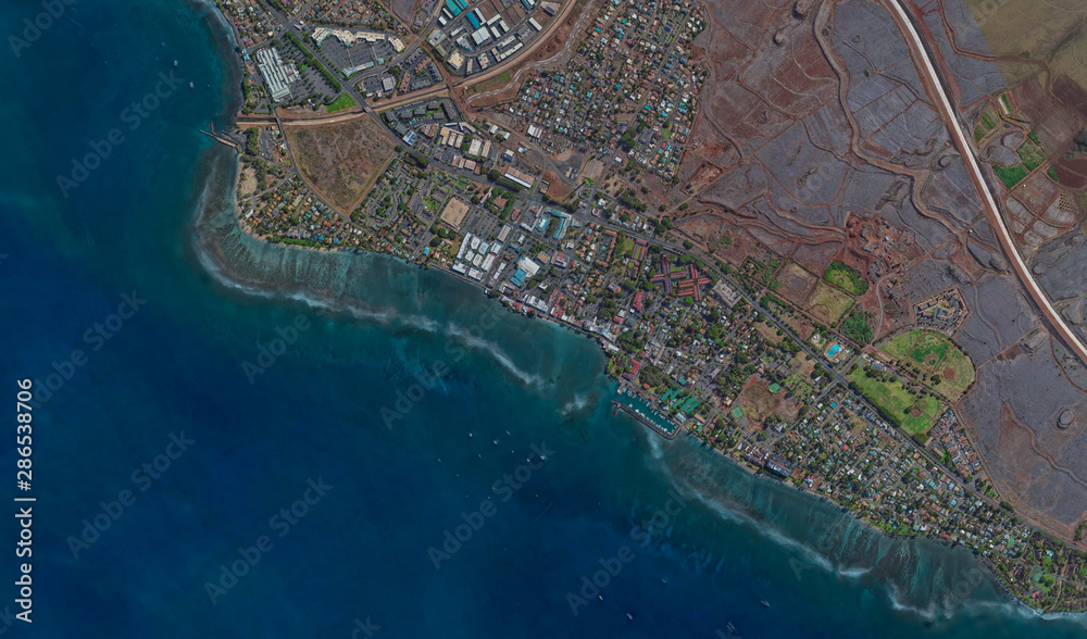 coast of Lahaina Hawaii USA, bird's eye view in 3D