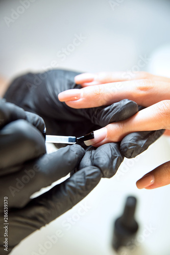 manicurist in a black gloves applies the base under a gel polish