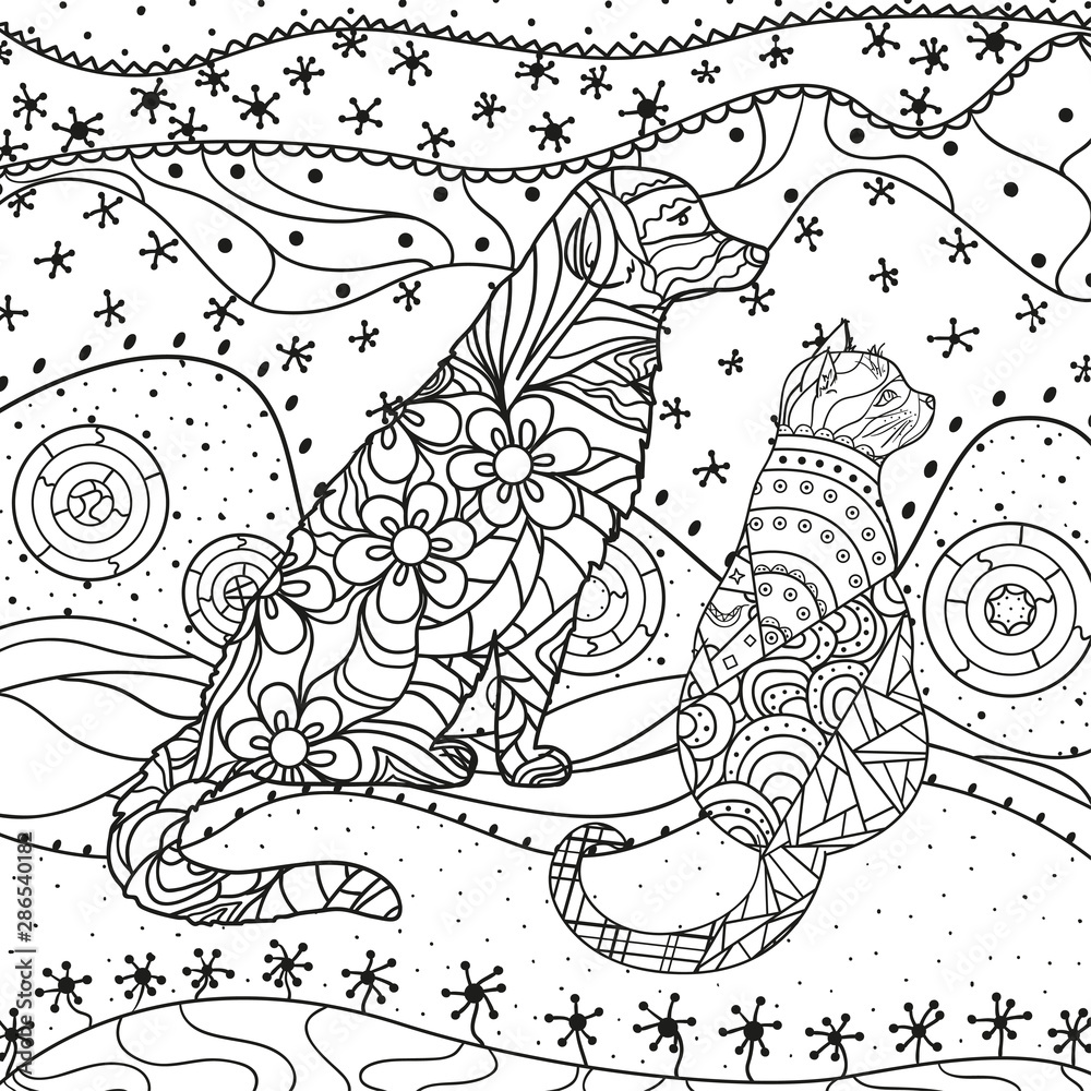 Square pattern with dog and cat. Hand drawn patterns. Design for spiritual relaxation for adults. Zen art. Line art creation