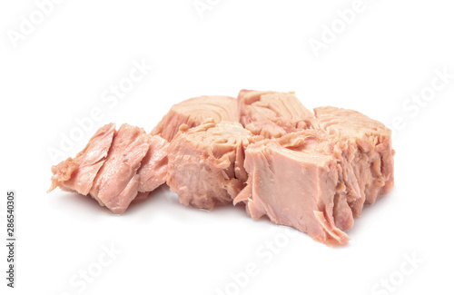 Foto Pieces of canned tuna on white background