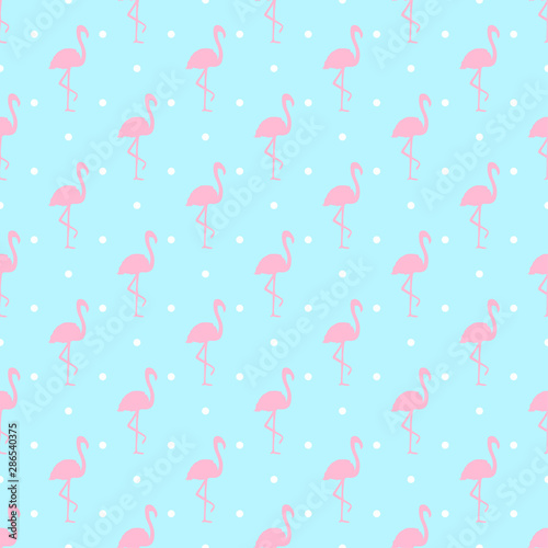 Seamless dotted wallpaper with flamingos. Print for polygraphy, shirts and textiles. Pattern for design. Colorful illustration