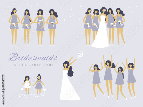 Set of wedding invitation design elements. The perfect design for wedding card. The bride throws a bouquet. Marriage, bridesmaids, lilac, blue