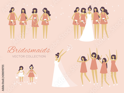 Set of wedding invitation design elements. The perfect design for wedding card. The bride throws a bouquet. Marriage, bridesmaids, pink